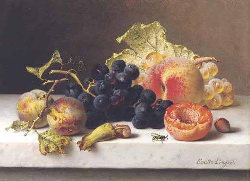 Johann Wilhelm Preyer Grapes peaches and plums on a marble ledge